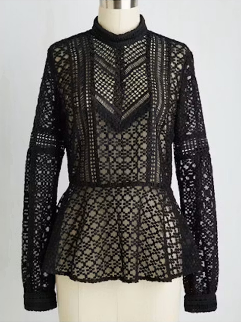 Anna Sui High-Neck Black Lace Long-Sleeve Peplum Blouse